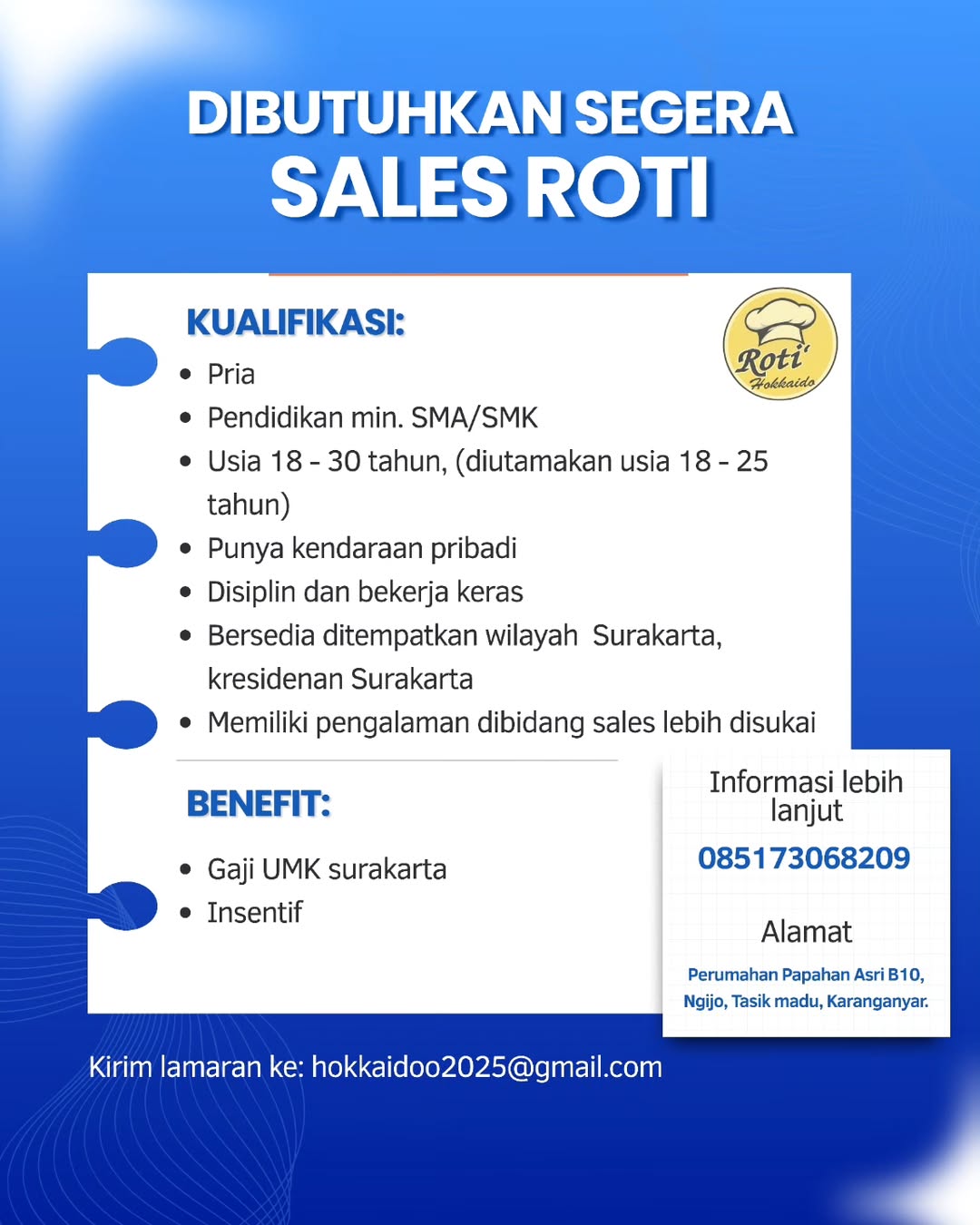 LOWONGAN KERJA: SALES ROTI - SURAKARTA